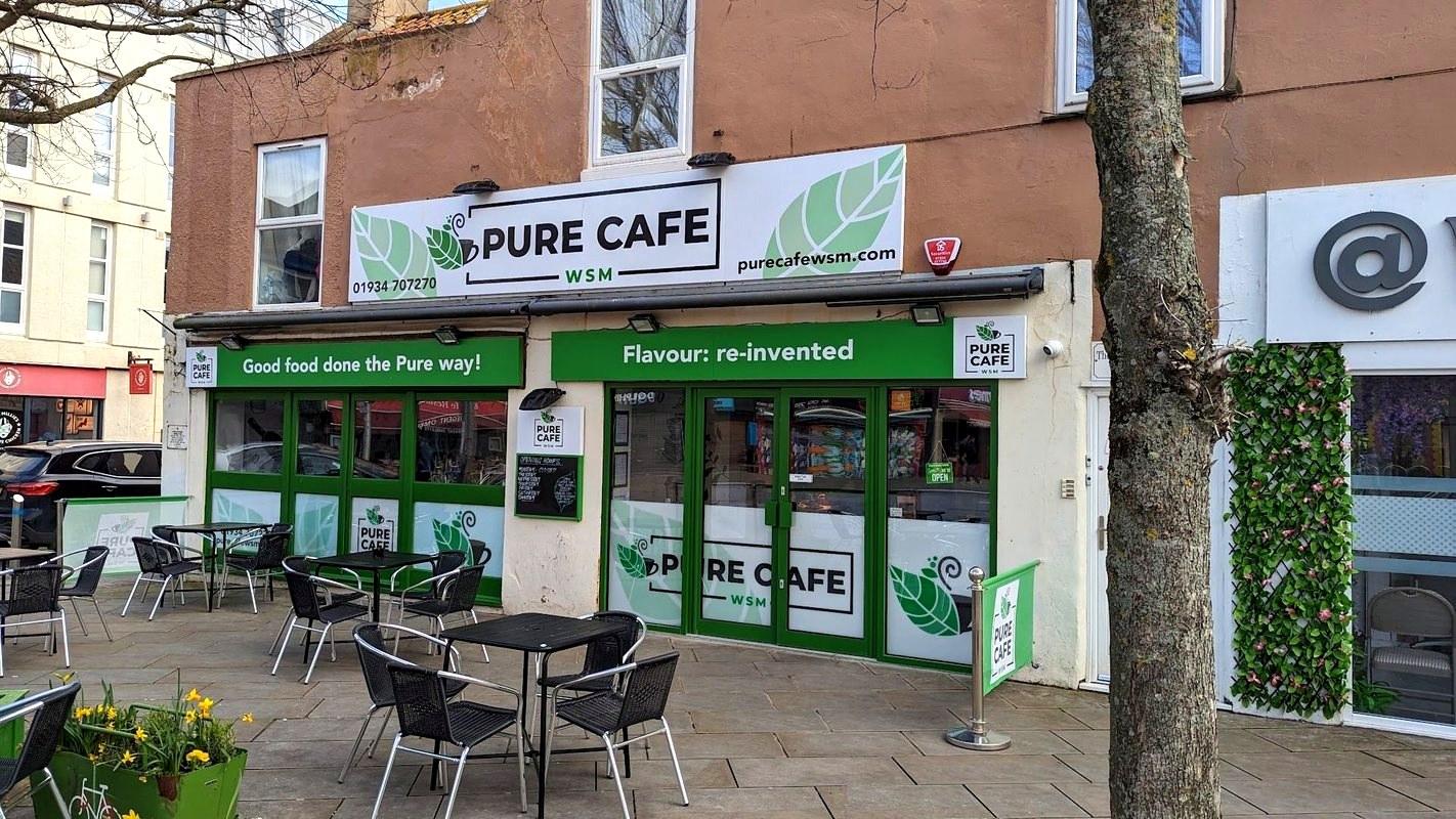 Pure Cafe WSM green shopfront on Regent Street